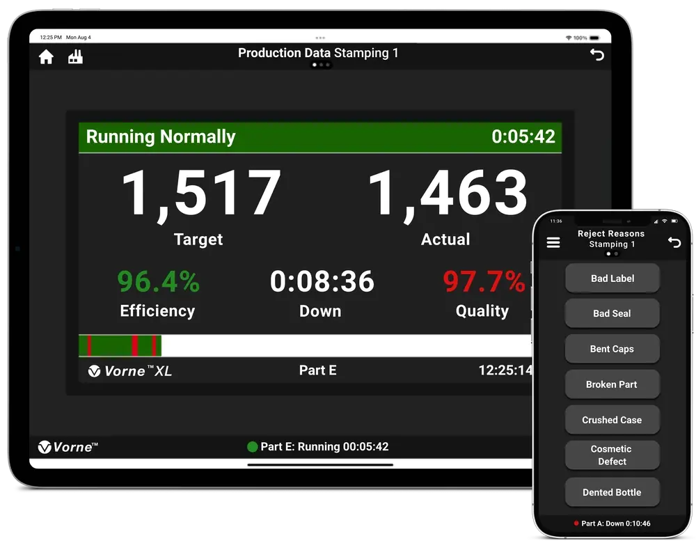 XL Sidekick app on a tablet showing the scoreboard screen and on a mobile device showing selectable reject reasons.