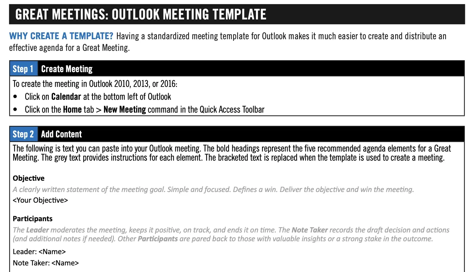 Template filled out with information about how to conduct a great meeting.