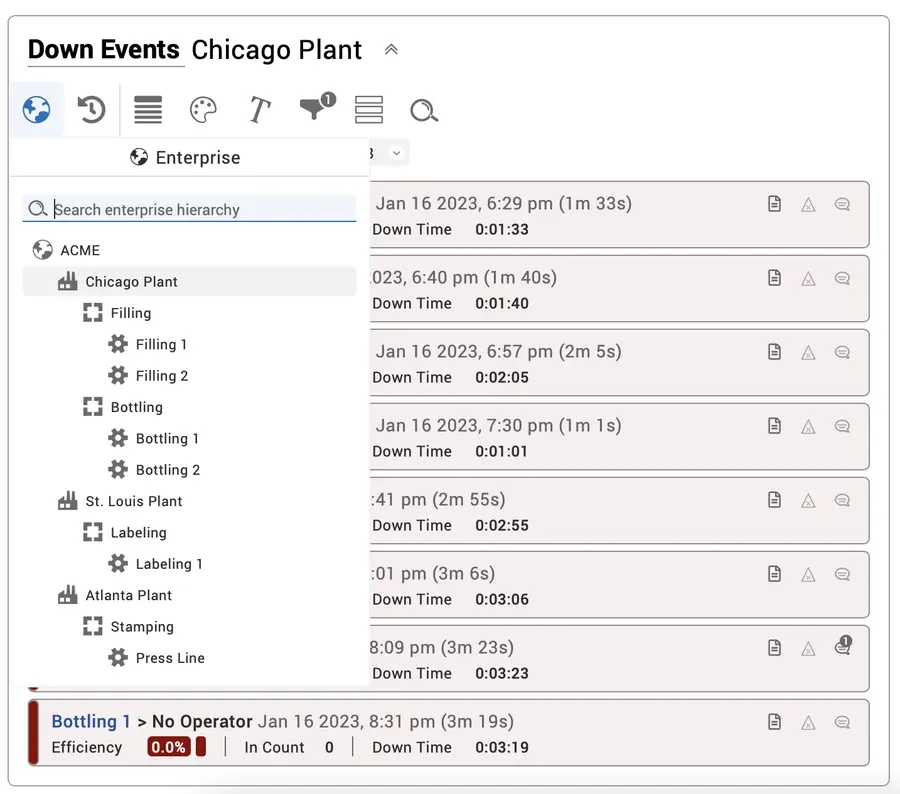 Snapshot of the event list widget with the Enterprise live control open in the Vorne XL software.