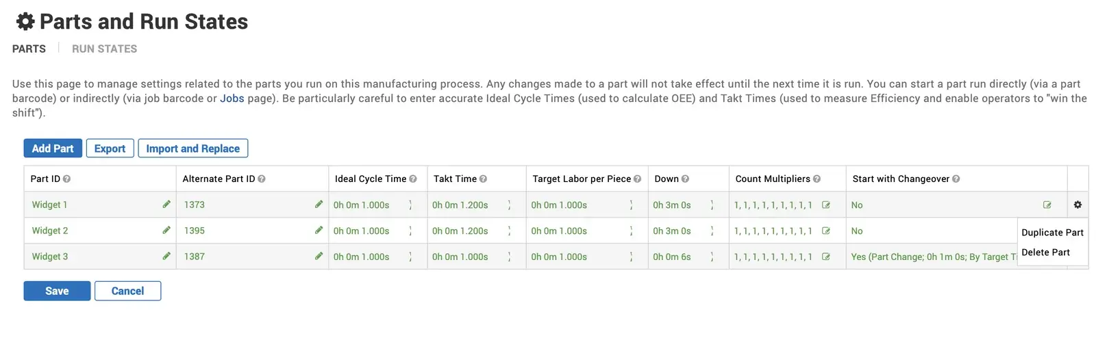 Snapshot of the Import and Replace feature in the XL Productivity Appliance part configuration table.