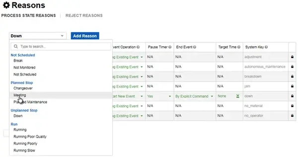 Image of reason configuration interface.