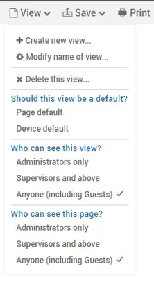 Snapshot of the new view dropdown with the option to control who can see views and pages.