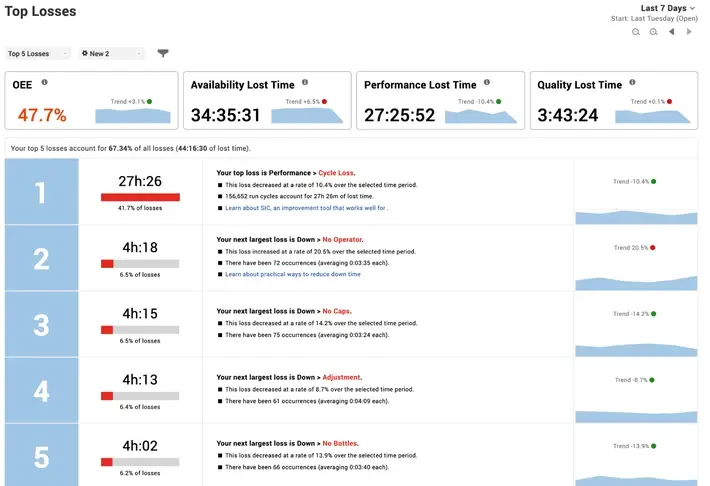Screen capture of the Top Losses report included with Vorne XL.