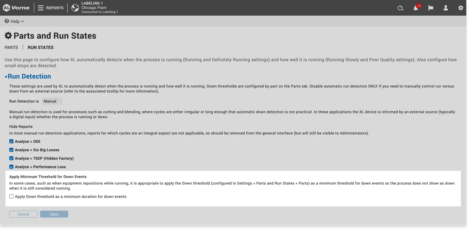 Screen capture from Vorne XL settings showing where to apply minimum threshold for down events.