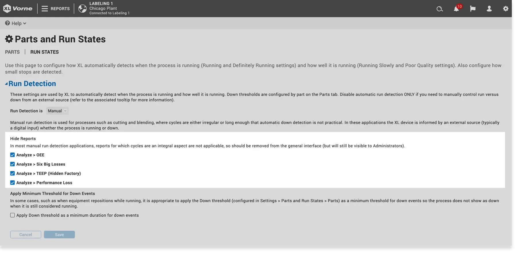 Screen capture from Vorne XL settings showing where to hide irrelevant reports.