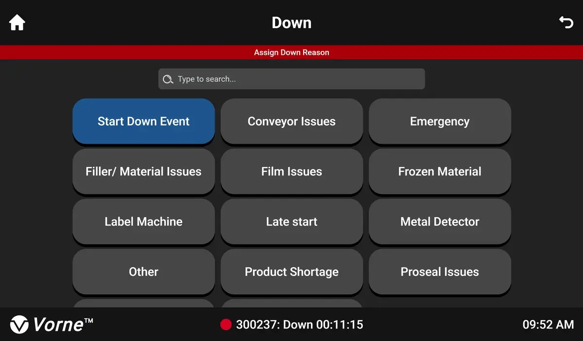 Touch UI Down Reasons screen depicting the new red down strip, search functionality, and colored button differentiation.