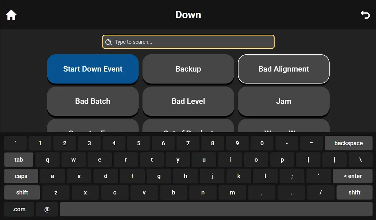Touch UI Down Reasons screen depicting the new search keyboard functionality, as well as an outlined selected item.