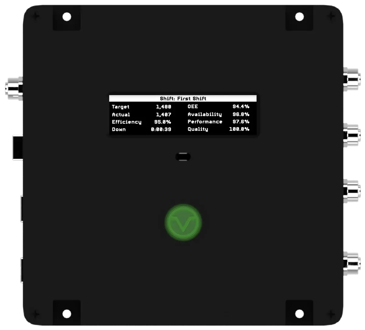 The new XL HD+ production monitoring device showing shift metrics on the OLED display.