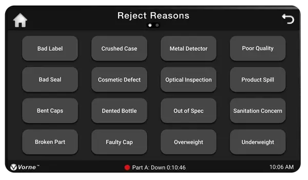 The XL Touch touchscreen depicting down reasons for an operator to select.