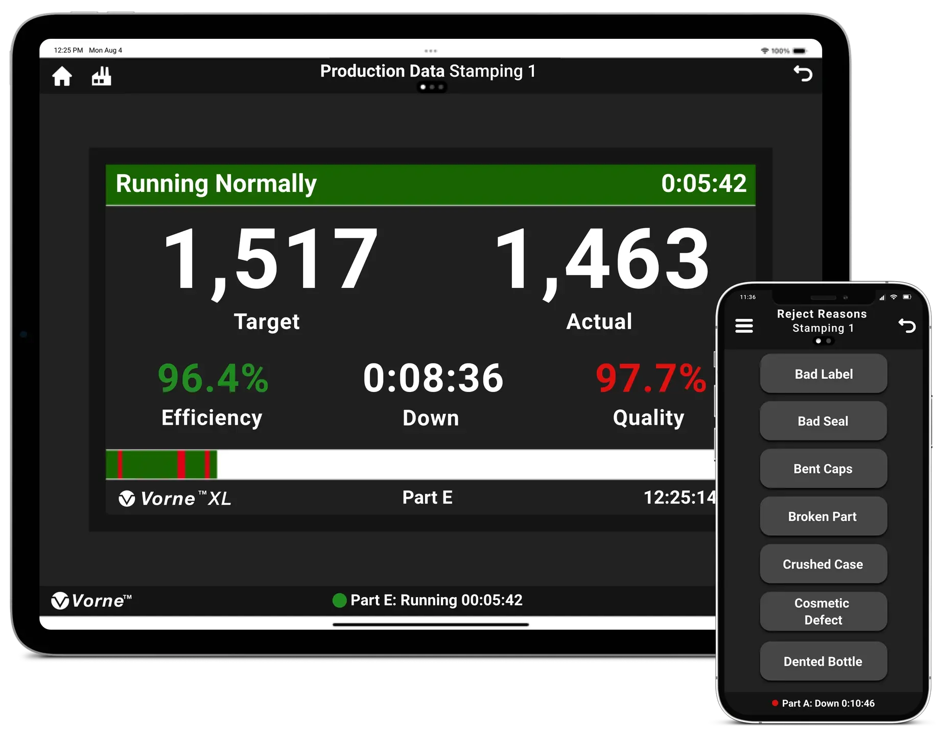 XL Sidekick app showing the scoreboard screen on a tablet and reject reason selection on a smartphone.