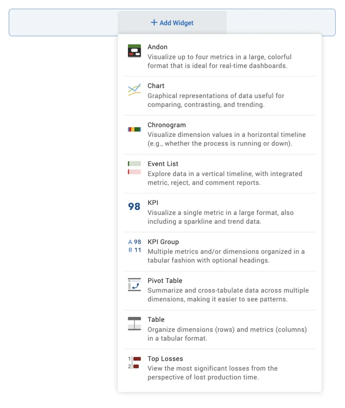 Captura de pantalla del menú desplegable de selección de widgets en la solución de software Vorne XL.